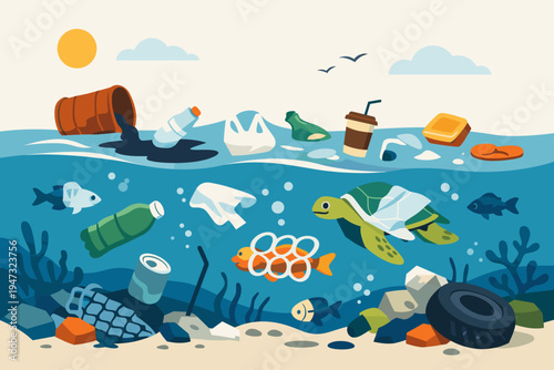 Simple flat vector illustration of ocean pollution with plastic waste, oil spills, and trash harming marine life like sea turtles and fish, highlighting environmental conservation and ecology.