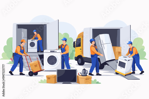 Professional movers in blue and orange uniforms loading and unloading household appliances like refrigerators, washing machines, and televisions from delivery trucks for home relocation service.
