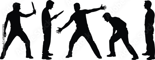 Silhouettes of men in violent conflict holding knives and fighting representing street crime, danger, self defense, aggression, and physical assault.