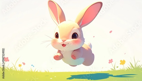Adorable Cartoon Rabbit Jumping in Field.