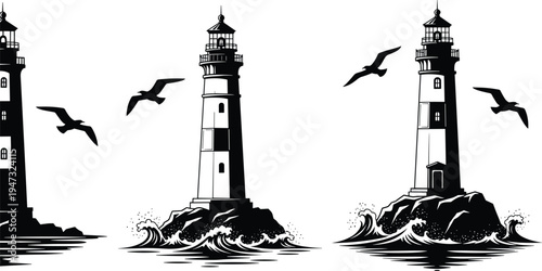 Lighthouse silhouette set with sea waves and flying seagulls for coastal nautical landscape maritime safety ocean travel and island navigation concept vector
