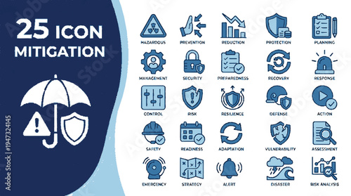 Flat blue icons showcasing 25 corporate mitigation symbols on a gradient banner with shields and protective themes