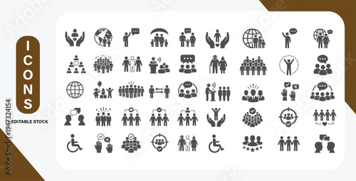People icons collection with group, family, human, team, community, friends, population and senior symbols. Solid style vector icon set.