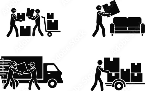 Moving service silhouette set with delivery truck workers carrying boxes and furniture for relocation logistics transportation home shift and warehouse shipping concept vector
