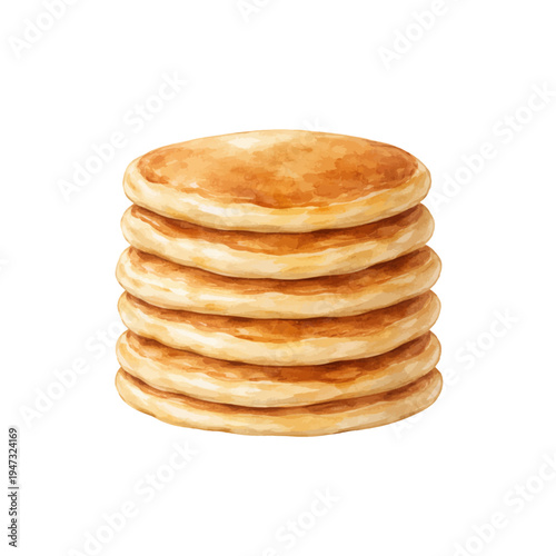 A watercolor illustration of a stack of fluffy pancakes for breakfast menu designs, brunch illustrations, café decor, and food themed artwork.
