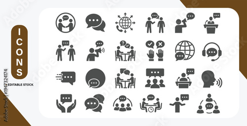 Communication and speaking icon set including discussion, speech bubble, talking, consultation and conversation symbols. Vector illustration collection.