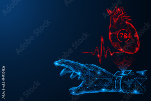 Digital health monitoring. A hand with a smartwatch that visualizes human hearts with pulse readings. The concept of biomedical technologies and solutions for timely detection of heart problems.