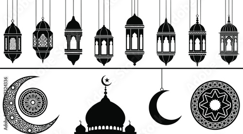 Ramadan silhouette set with hanging lanterns mosque crescent moon and ornamental patterns for eid mubarak islamic holiday celebration and religious cultural decoration