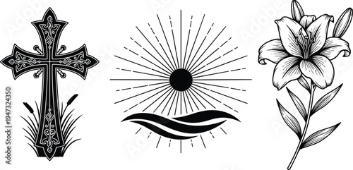 Religious icon set with ornate christian cross rising sun over waves and lily flower for easter faith spirituality hope and resurrection concept