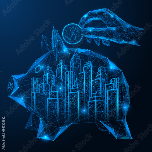 City budget planning. The hand places a coin in a piggy bank with skyscrapers. The concept reflects the process of investing in real estate, financial planning and asset management.