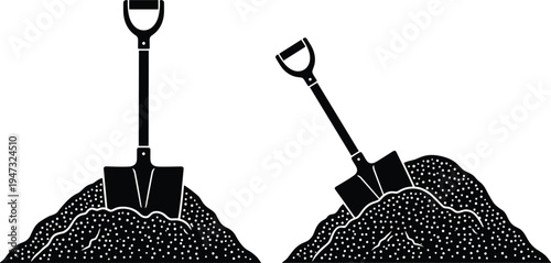 Shovel silhouette in dirt pile vector for construction site work gardening tool manual labor ground soil digging and building foundation industry concept