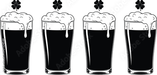 St Patricks Day beer glasses silhouette with foam and shamrock clover for Irish pub celebration festival party drinks and traditional holiday concept