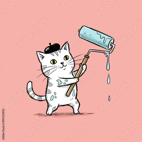 Cartoon cat painting with roller.