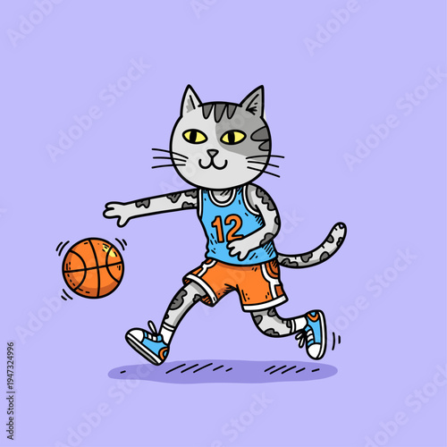 Cartoon cat playing basketball sport.