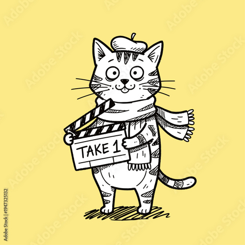 Cartoon cat holding clapper board.