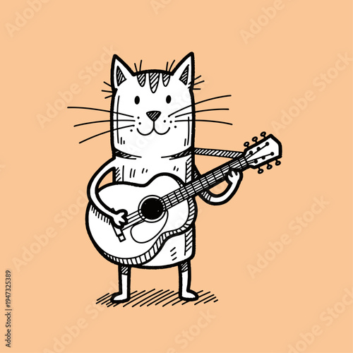 Cartoon Cat Playing Acoustic Guitar.