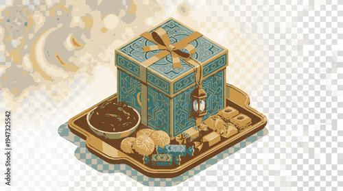 Elegant turquoise gift box with golden ribbon sits on a wooden tray with cookies and chocolate for eid celebration