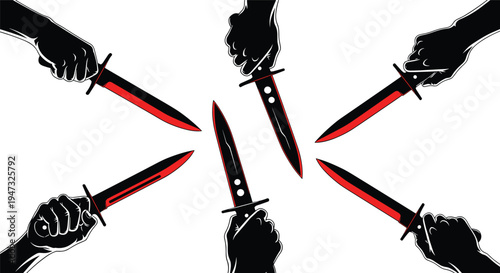 Black hands holding knives with red blades set on white background, tactical combat weapon silhouettes, aggressive military knife vector elements.