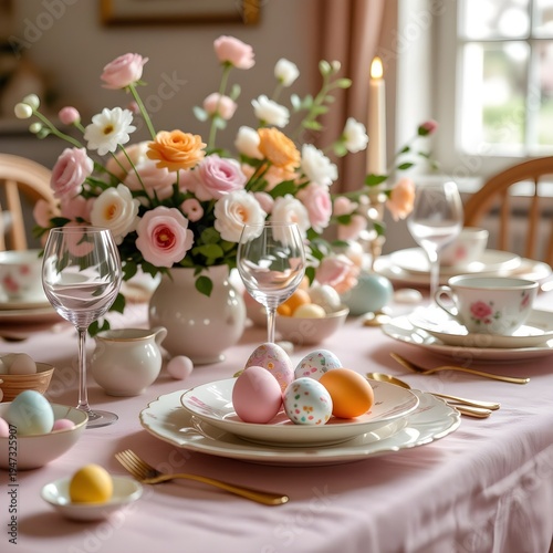 pastel pink and orange easter table setting