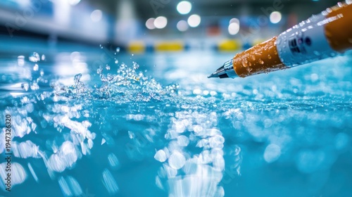 Water sports equipment.  A close-up view of a pen or marker in the water, creating a splash