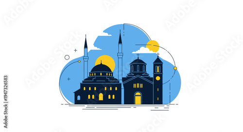 Mosque Architecture with Minarets and Domes.