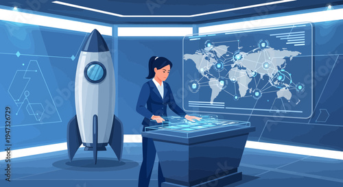 Woman in Business Suit Interacting with Futuristic Technology Interface.