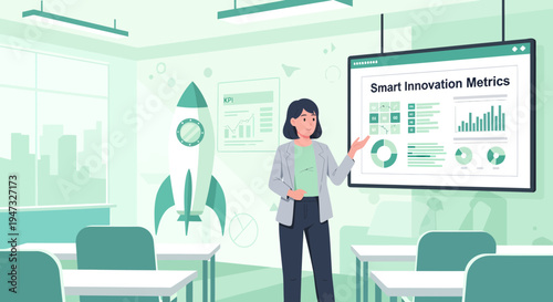 Woman presenting smart innovation metrics in a classroom setting.