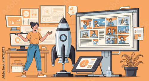 Woman Presenting Startup Idea with Rocket and Video Conference.