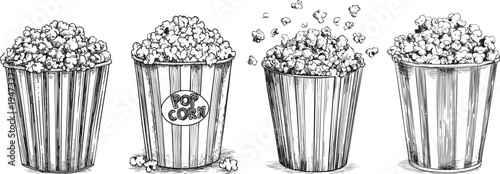  crisp black and white outline drawing of a classic popcorn bucket, perfect for cinema and entertainment related designs