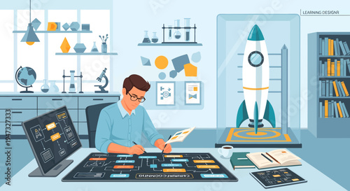 Young man working on a science project with a rocket model.