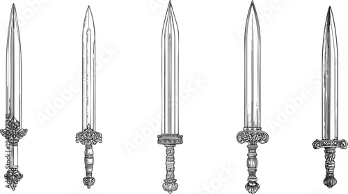 Ancient Roman gladius sword black line art illustrations