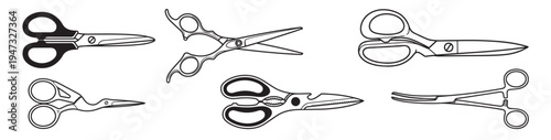 scissors line icon set with barber, sewing and office cutting tools vector illustration collection on transparent background