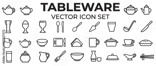 tableware kitchen icon set with plates, bowls, cups, teapots, glasses and cutlery vector illustration collection on transparent background