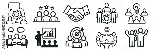 teamwork business icon set with people collaboration, meeting, leadership, partnership and strategy symbols vector illustration collection on transparent background