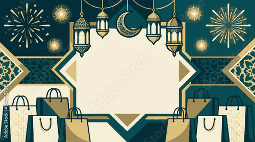 Decorative eid sale promotion banner with lanterns crescent moon stars and shopping bags in festive gold and blue tones