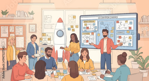 Diverse team collaborating in a modern office meeting room.