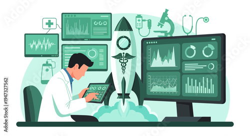 Doctor Analyzing Medical Data with Futuristic Technology.