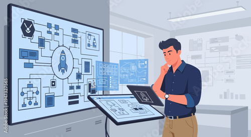 Man contemplating complex project displayed on large screen.