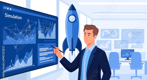 Man presenting simulation data with rocket symbolizing growth.