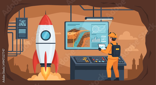 Rocket Launch Control Room with Astronaut and Monitor.