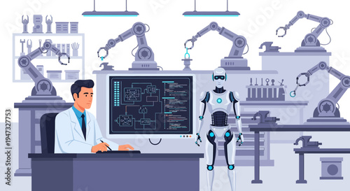 Scientist and Robot in Futuristic Laboratory Setting.
