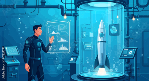 Scientist Inspecting Rocket in Futuristic Laboratory Display.