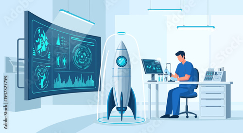 Scientist working on rocket technology in futuristic laboratory.