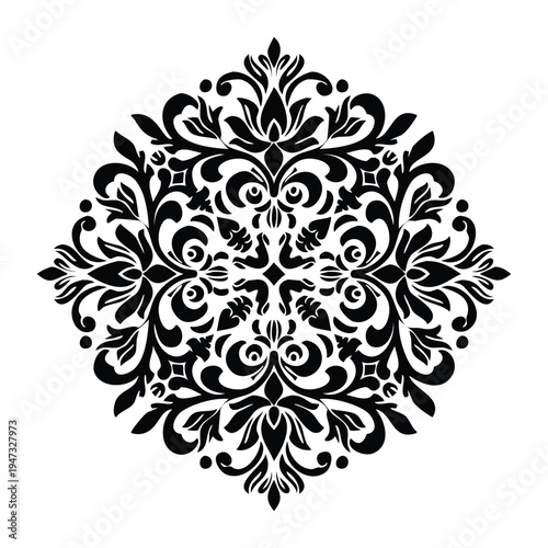 Beautifully intricate black floral arabesque medallion design with symmetrical patterns, perfect for decorative applications