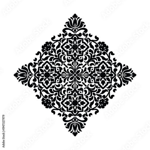 Elegant black floral arabesque diamond medallion ornament. Intricate symmetrical classic vintage decorative element for diverse design projects