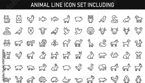 Animal line icon set including cat dog cow lion bird rabbit pig elephant wildlife farm animal outline vector illustration collection for zoo nature pet design