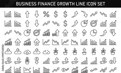 Business finance growth line icon set including profit chart investment money analytics market trend economy arrow outline vector illustration collection