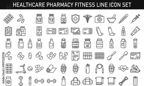Healthcare pharmacy fitness line icon set including medicine pills vitamins syringe protein supplement workout equipment health outline vector illustration collection