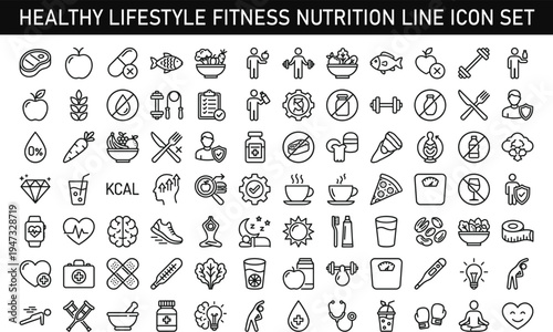 Healthy lifestyle fitness nutrition line icon set including diet exercise workout food health wellness training medical outline vector illustration collection