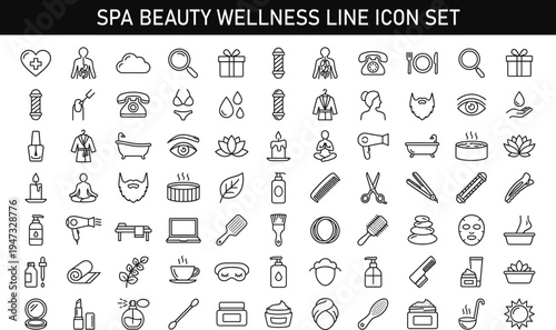 Spa beauty wellness line icon set including massage skincare salon cosmetics relaxation therapy meditation healthcare outline vector illustration collection